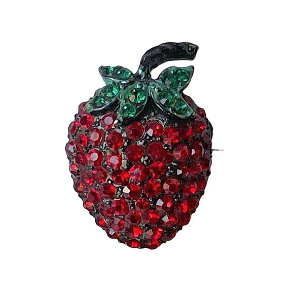 1960s Red Green Rhinestone Black Metal Strawberry Demi Parure Pin Clip Earrings - Picture 2 of 7